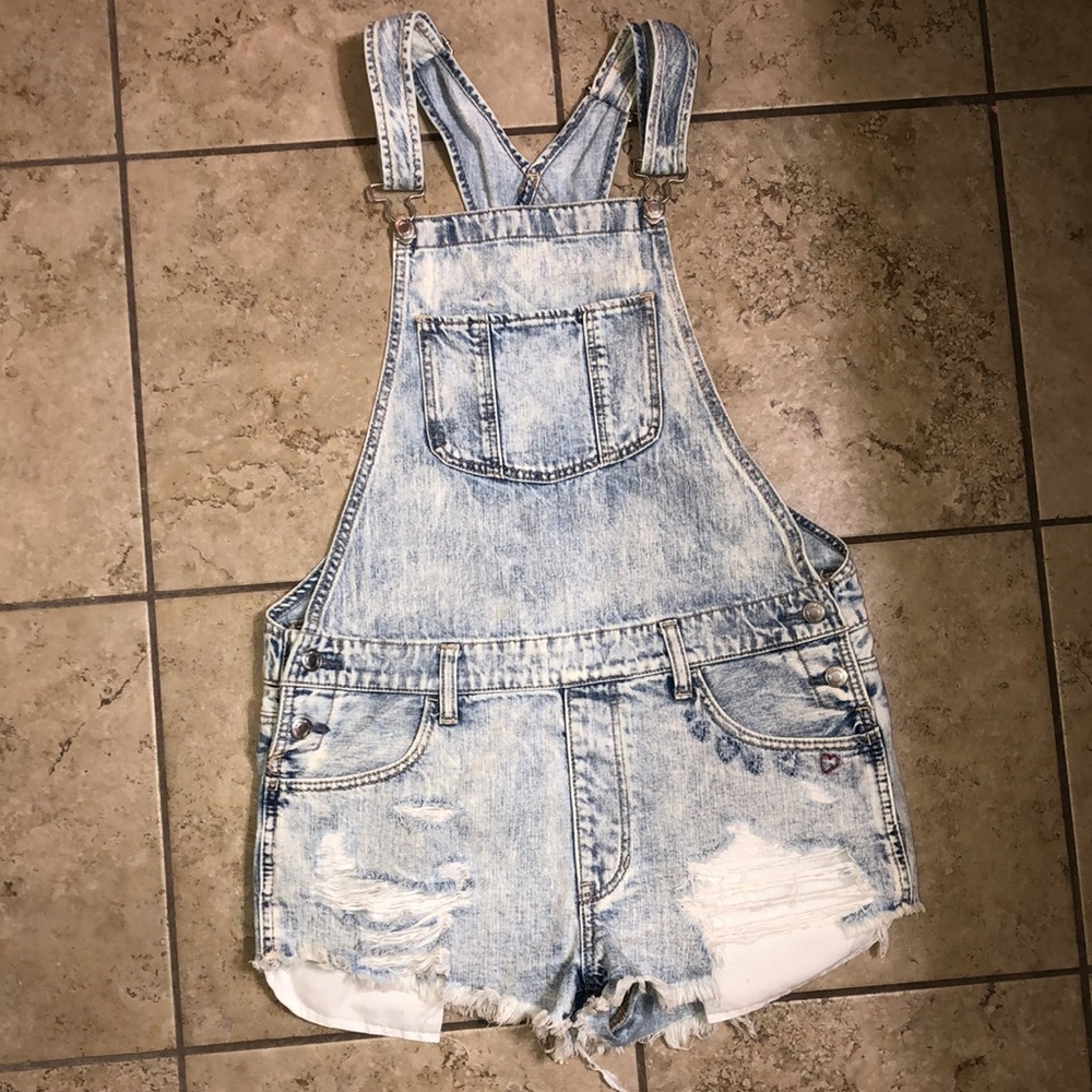 American Eagle distressed jean overalls